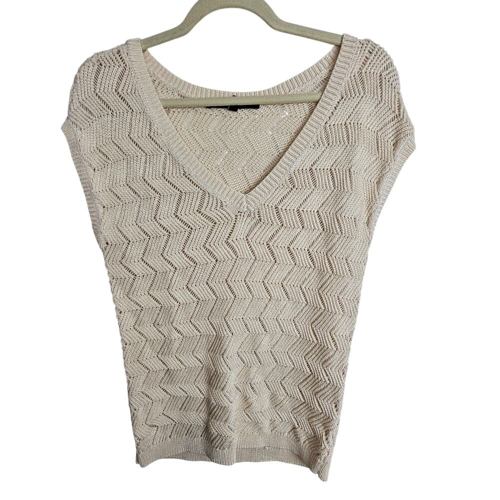 White House Black Market Open Knit V-Neck Sweater Size S Career Corp Coastal Tan